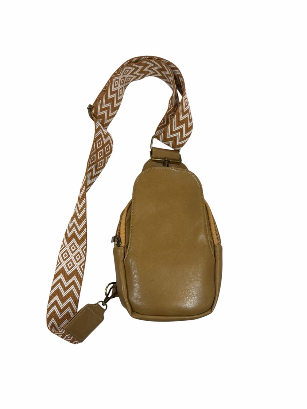 Everyday Crossbody Sling Bag in Tan with Patterned Strap
